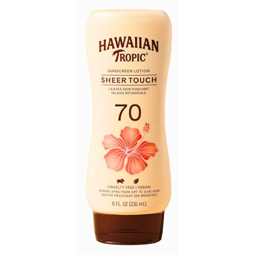 Bottle of Hawaiian Tropic Sheer Touch 70 SPF suncreen lotion