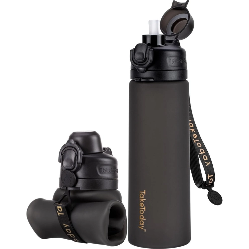 Collapsible black water bottle with strap and built in straw easy for travel