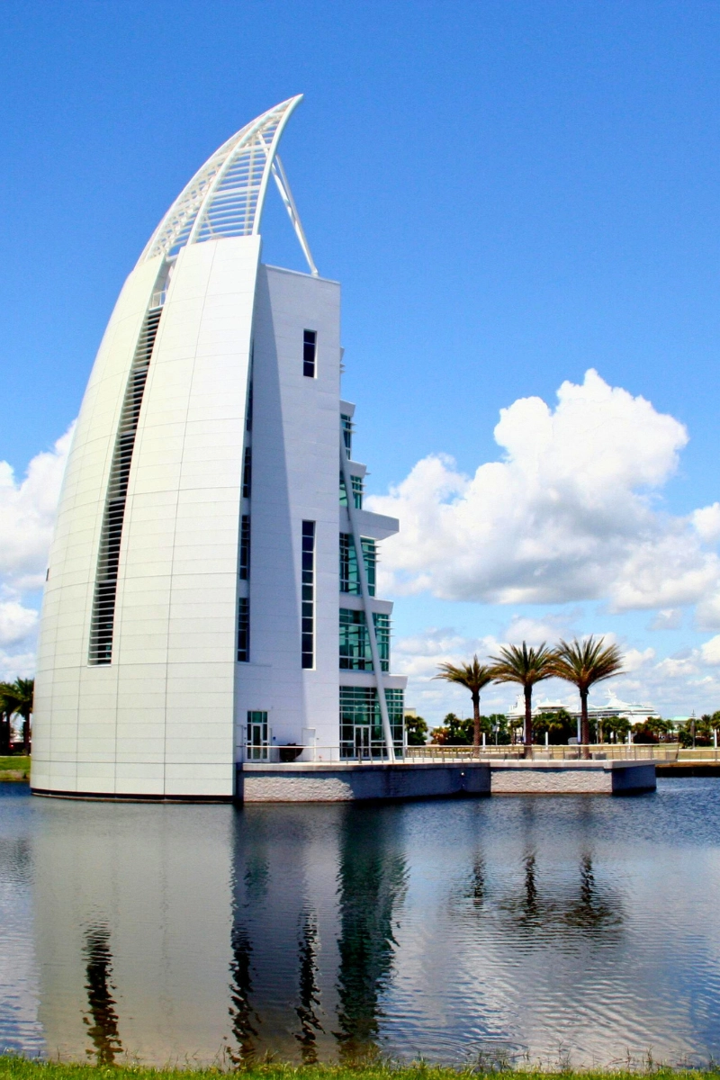 Slanted building on water in cape Canaveral Florida
