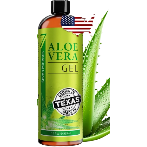 bottle of Seven Minerals Organic Aloe Vera Gel from freshly cut 100% Pure Aloe