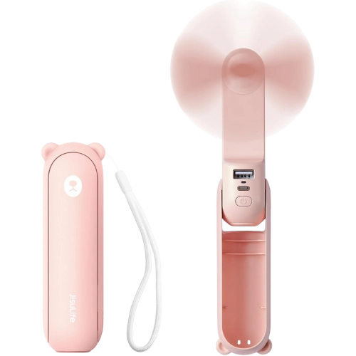 Pink Handheld Mini Fan, 3 IN 1 USB Rechargeable Portable Fan with Power Bank, Flashlight, Pocket Design