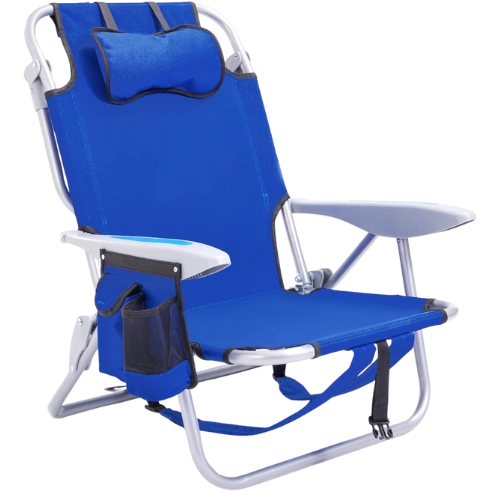 Blue Portable Beach Chair for Adults, Outdoor Camping Chair Lay Flat Folding Backpack Beach Reclining Chair with 5 Positions