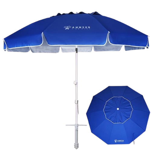 Blue 8 Feet Large Beach Umbrella with Sand Anchor Heavy Duty High Wind Portable Outdoor