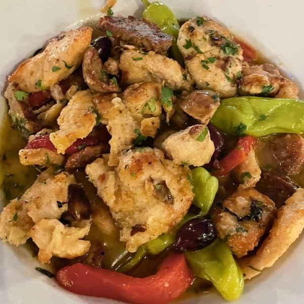 chicken scarpariello with peppers and kalamata olives authentic dish in Parkland Florida Italian food Pizza Time Caffe