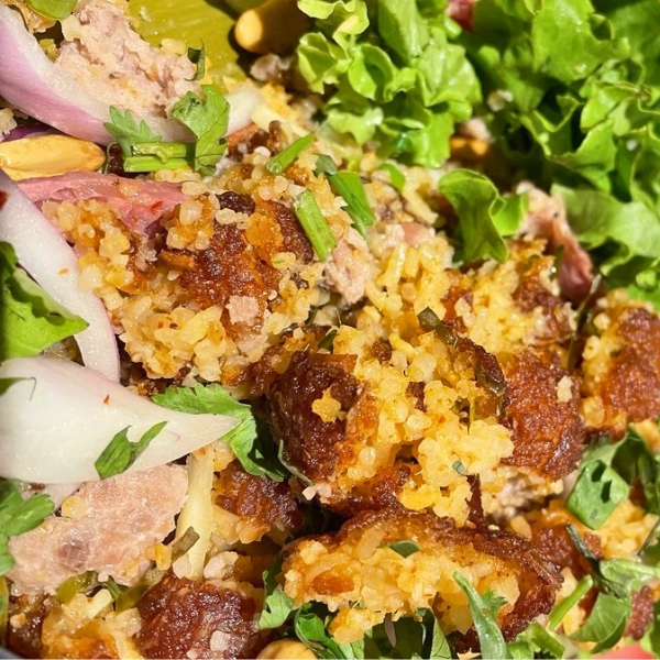 Nam sod authentic thai salad with crispy rice dish at Sen Thai Bistro in Boca Raton Florida