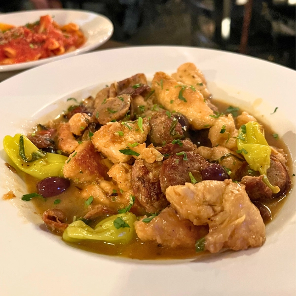 chicken scarpariello with peppers and kalamata olives authentic dish in Parkland Florida Italian food Pizza Time Caffe