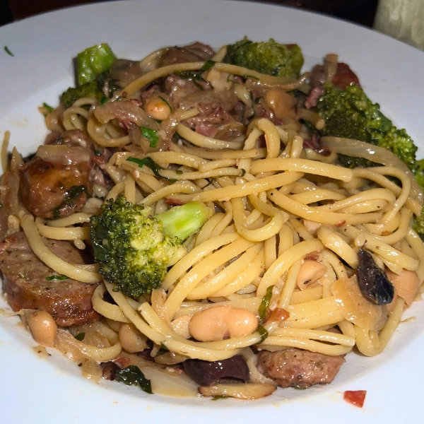 Photo of dish of Linguine Broccoli Sausage and Beans at Pizza Time Caffe in Parkland Florida Italian cuisine