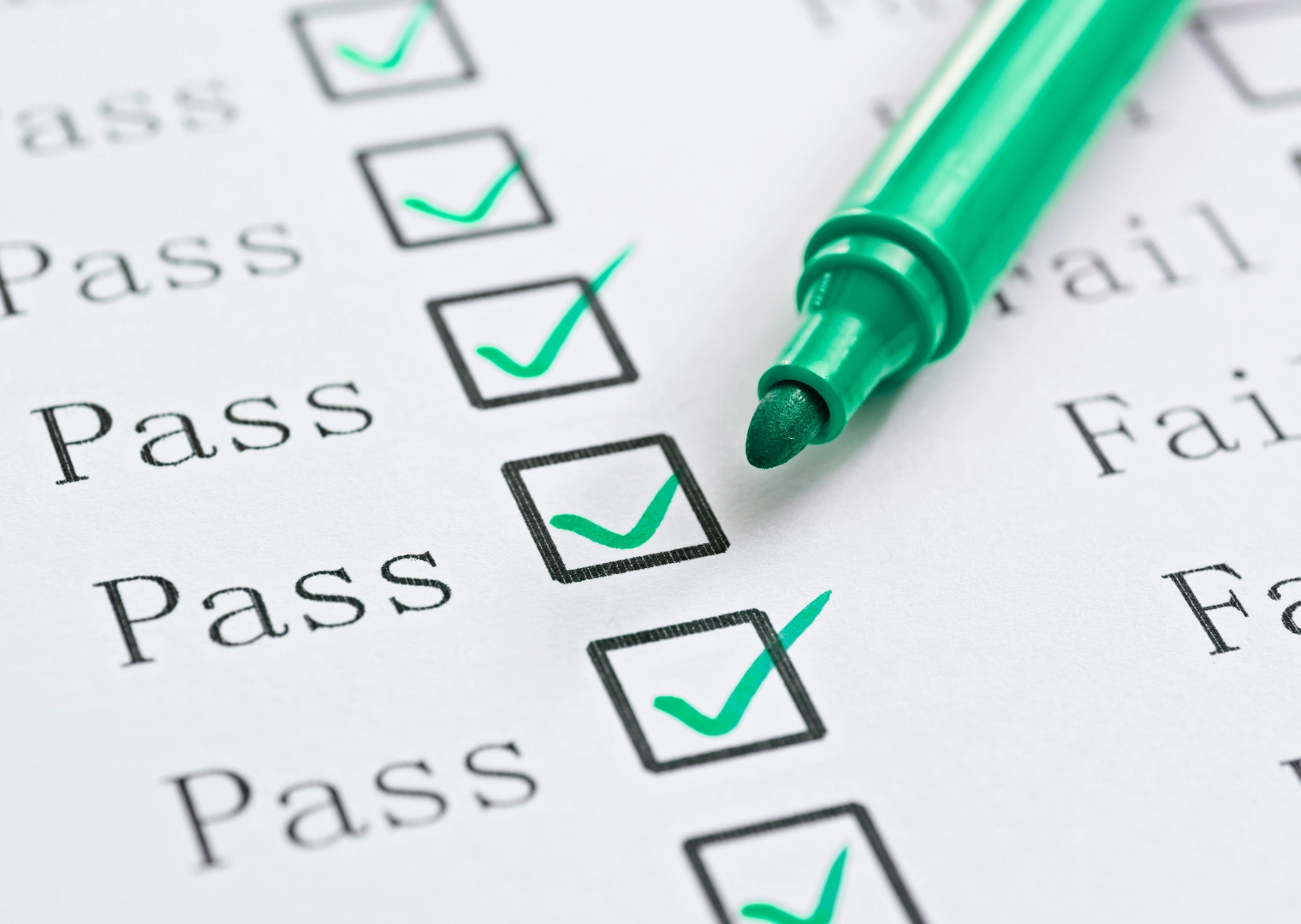 How to check restaurant inspection reports in Florida with a list of pass and fail boxes with marker checking off pass down a row in green