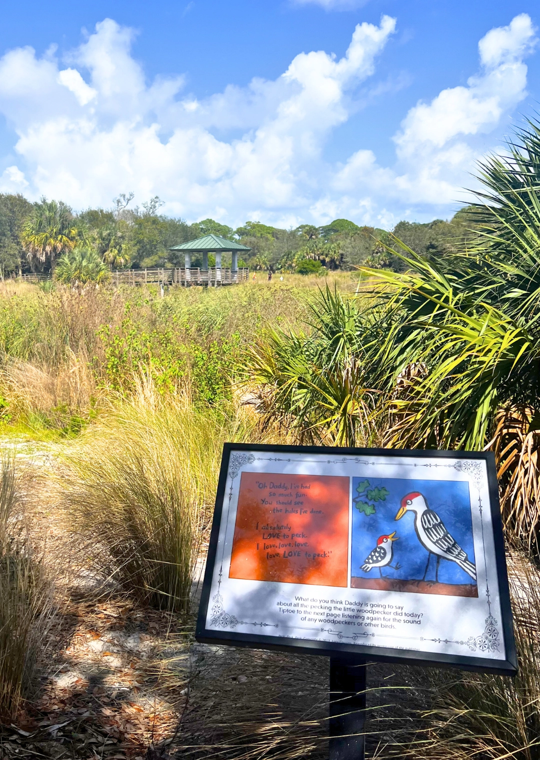 Pondhawk Natural Area Storywalk stop and observation deck in background Boca Raton Palm Beach