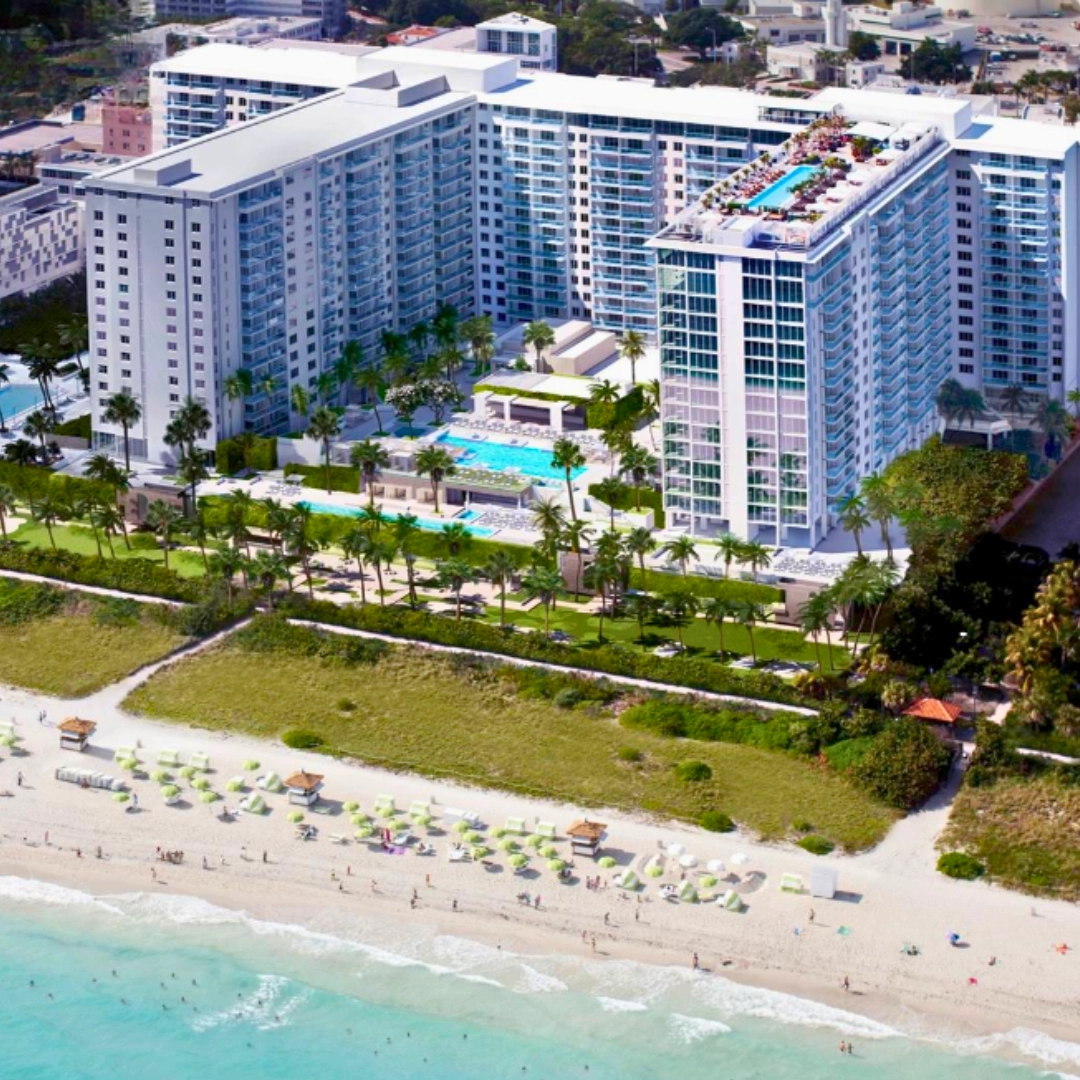 Aerial view of 1 Hotel South Beach on Miami Beach a beachfront, upscale hotel in South Beach Miami Florida