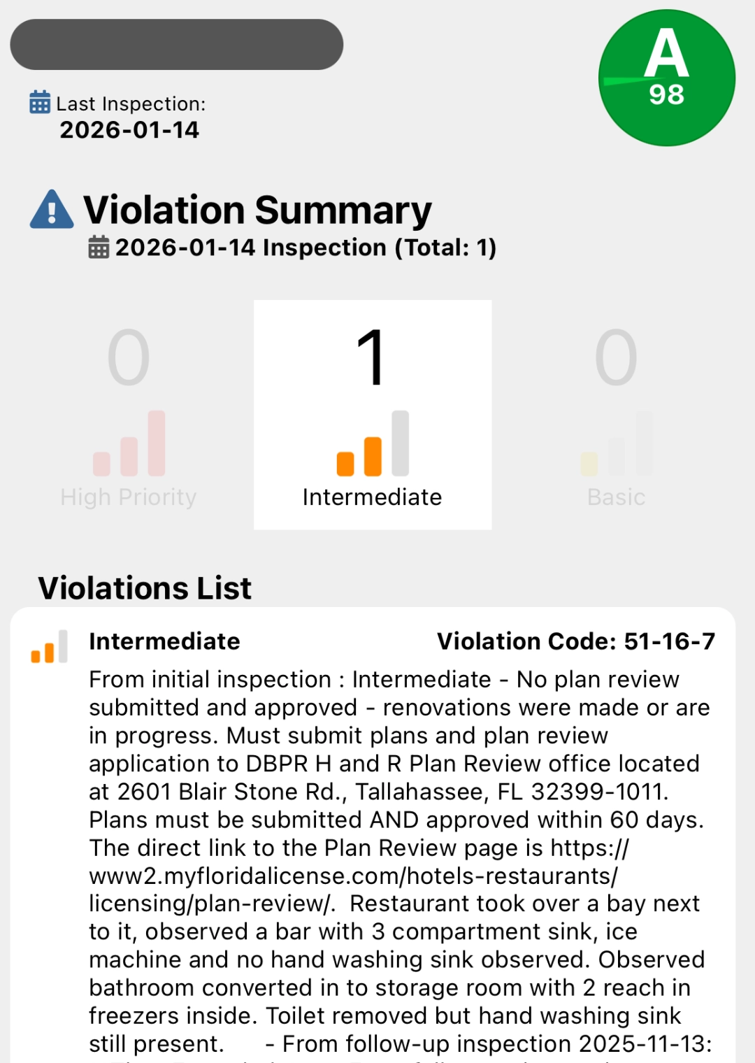 Life Kitchen App Listing with A score and details of violations and scores to check for restaurant inspection report in Florida
