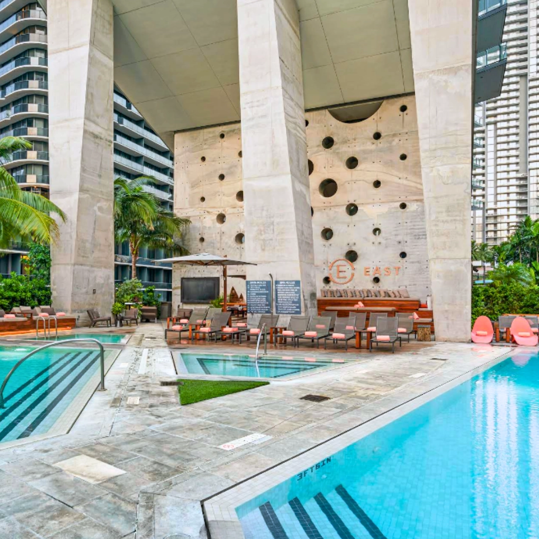 EAST Miami is a design hotel with four pools, lush outdoor spaces and a glamorous rooftop bar in the heart of trendy Brickell City Centre in Miami Florida
