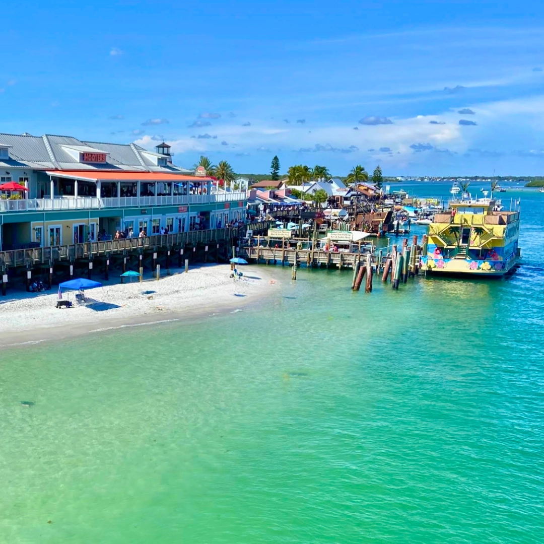 John's Pass Village St. Pete Aerial of boardwalk in Tampa bay