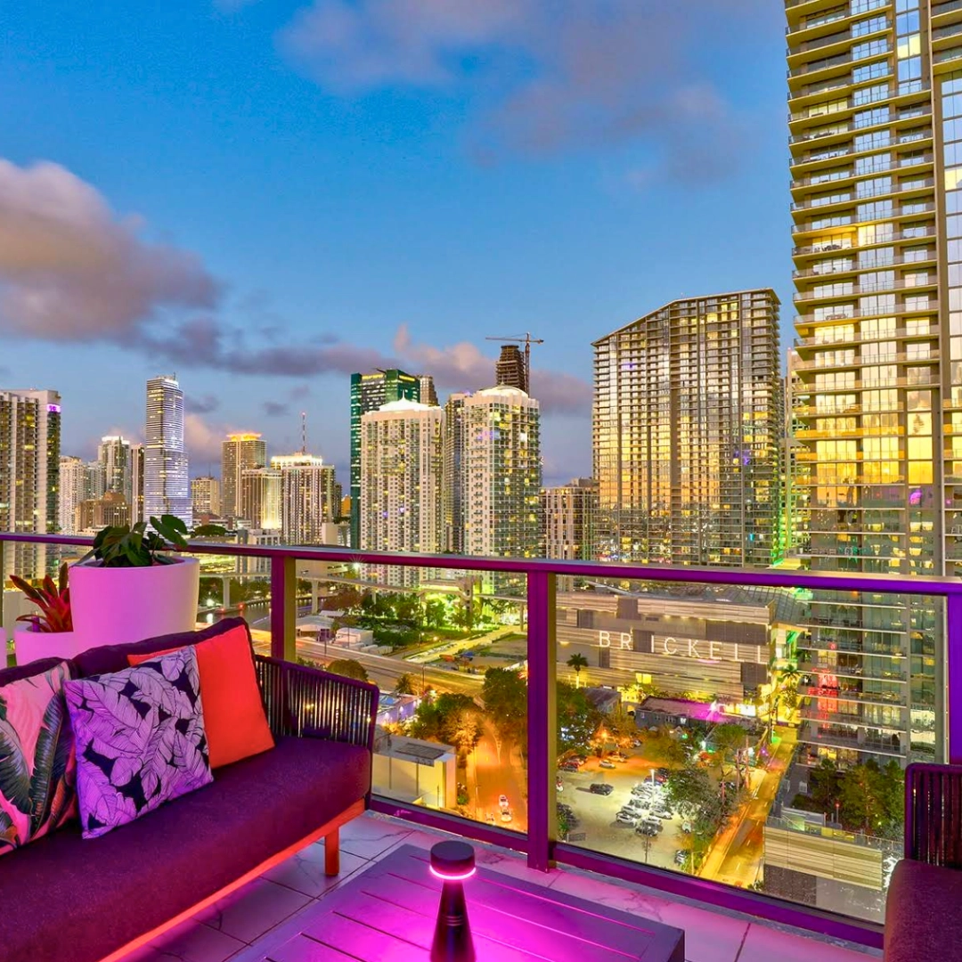 rooftop view with neon lights from Rosa Sky in Miami Florida