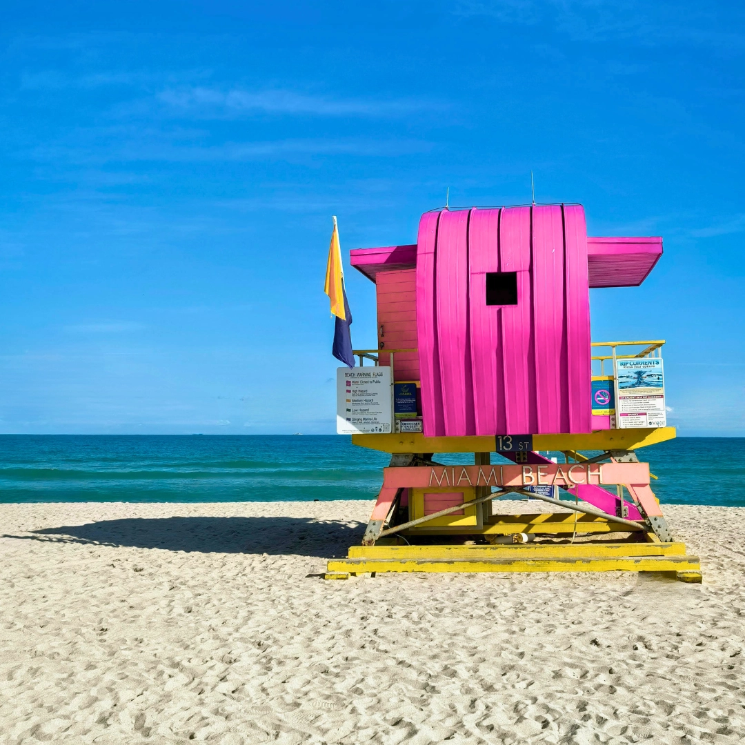 South Beach Florida hot pink vibrant miami beach lifeguard station at 13th Street