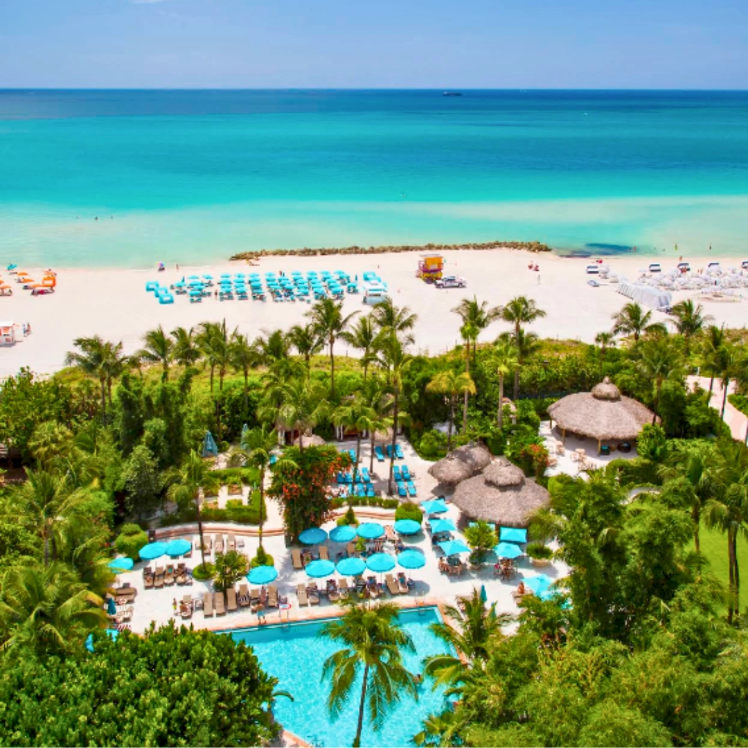 Aerial view of The Palms Hotel & Spa South Beach on Miami Beach a beachfront hotel in Mid-Beach Miami Florida