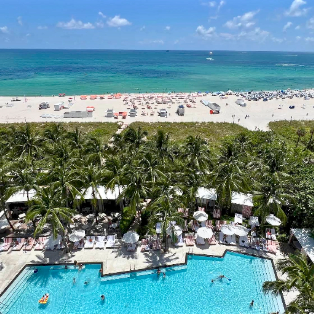 Aerial view of W South Beach on Miami Beach a beachfront, upscale hotel in South Beach Miami Florida