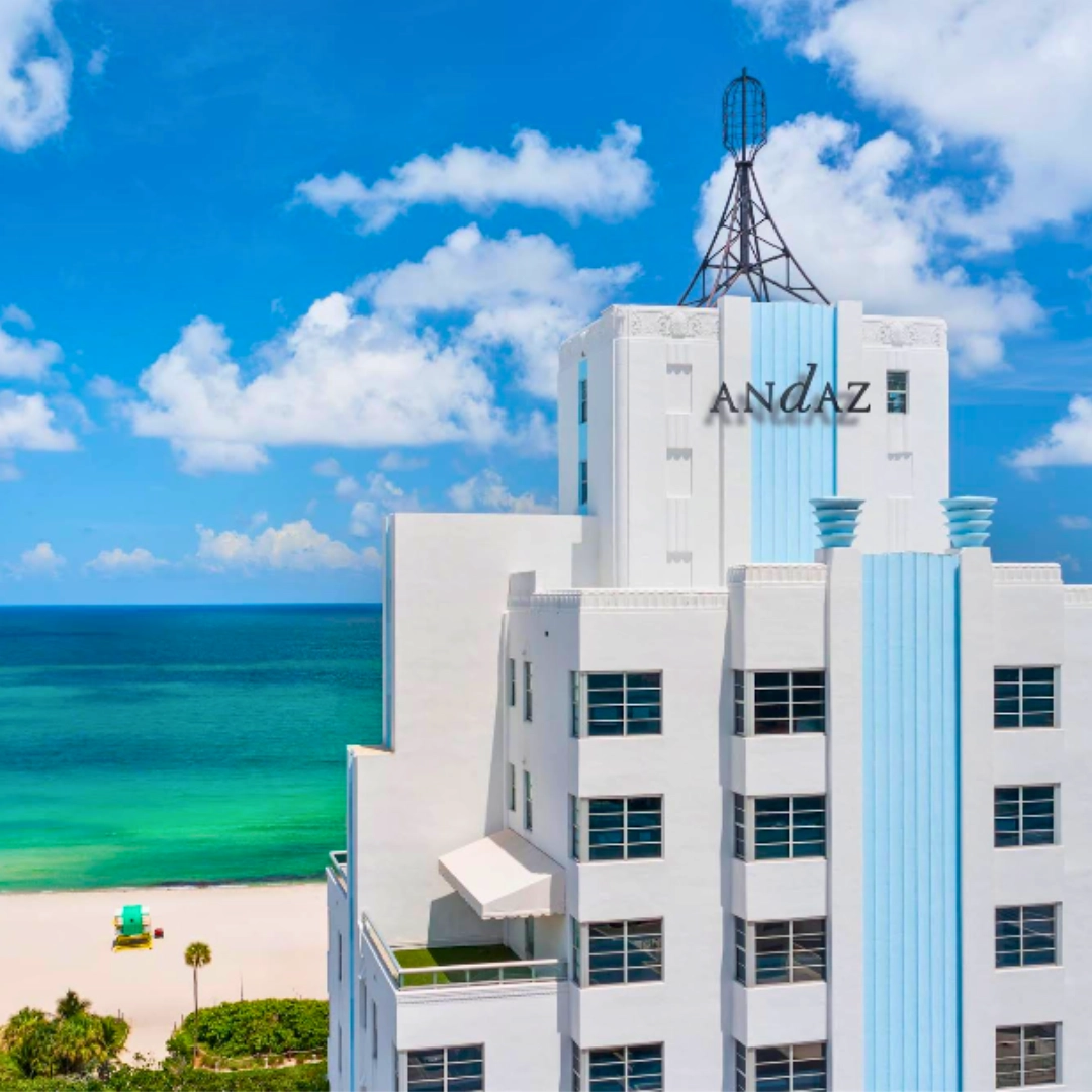 Aerial view of Andaz Hotel with ocean behind it on Miami Beach a beachfront, upscale hotel in Mid-Beach Miami Florida