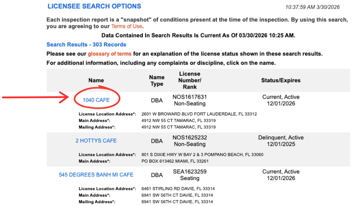DBPR Florida Restaurant Inspection details with restaurant name circled showing where to click