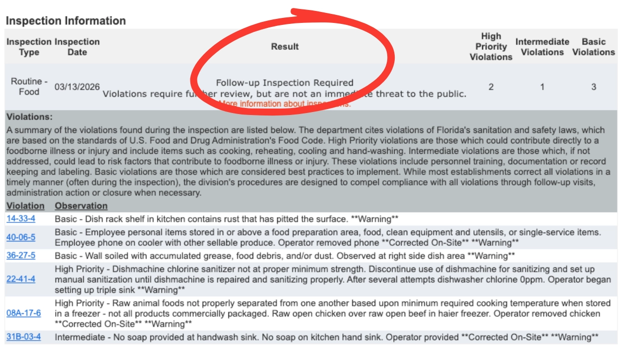 DBPR Florida Restaurant Inspection details follow up inspection required result fail inspection