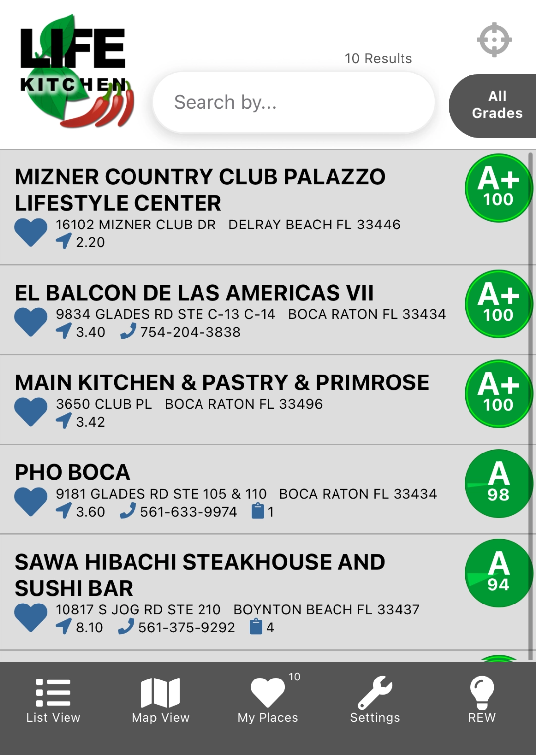 Life Kitchen App Favorites View for checking Restaurant Inspection Reports in Florida