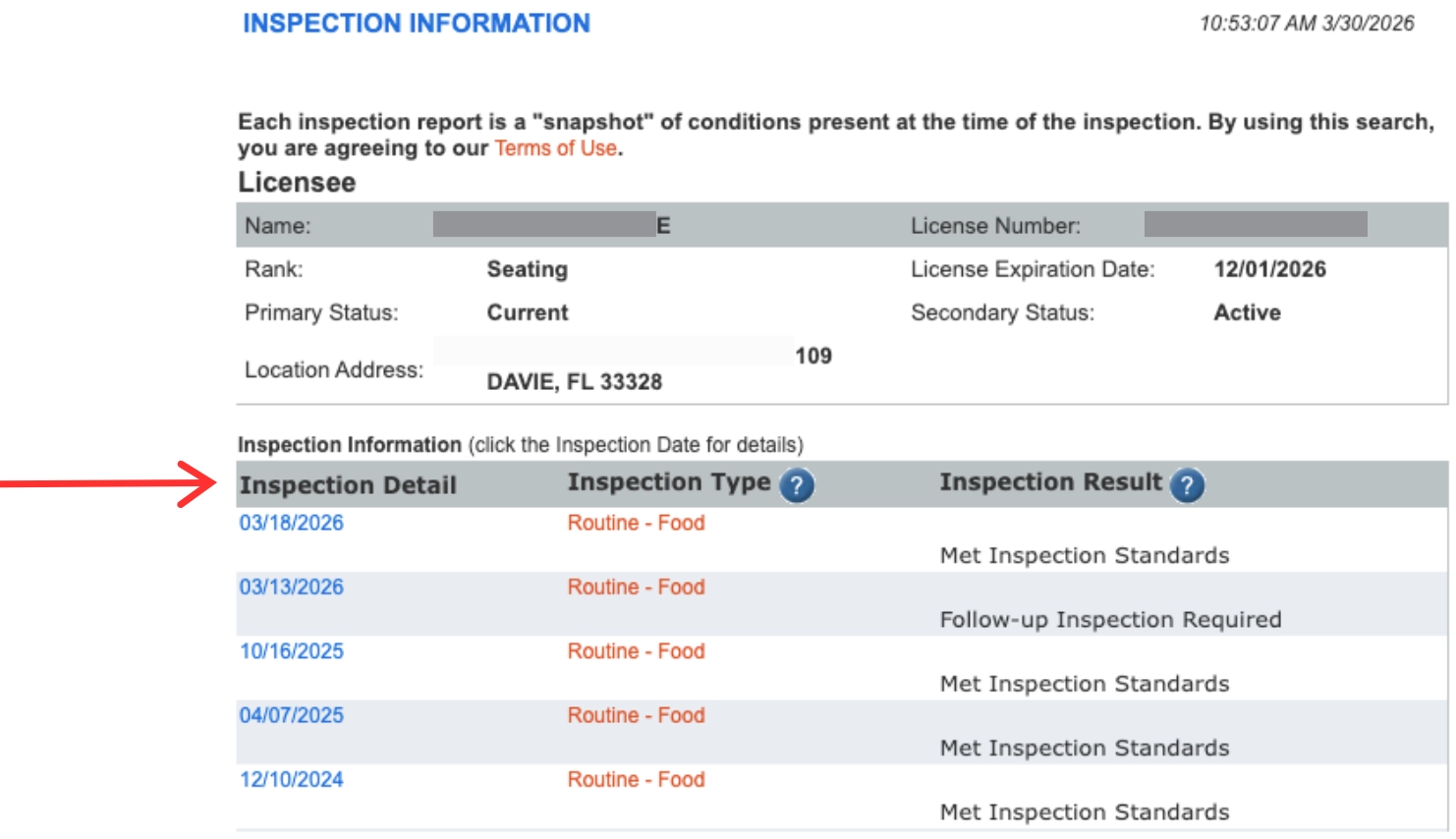 DBPR Florida Restaurant Inspection details, type and result row with arrow