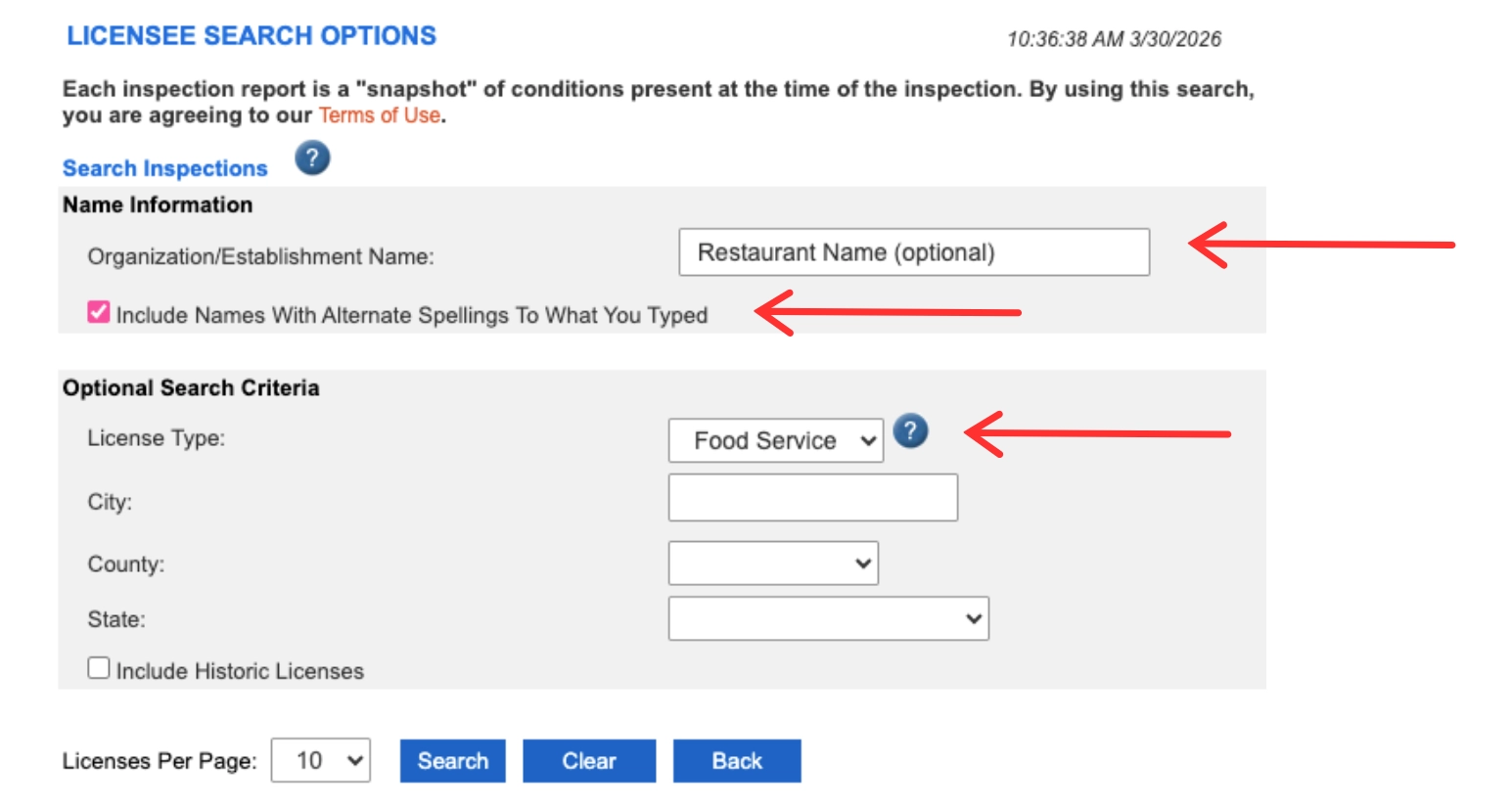 DBPR Florida Restaurant Inspection licensee search options with name and license type highlighted for instruction to find Florida health scores