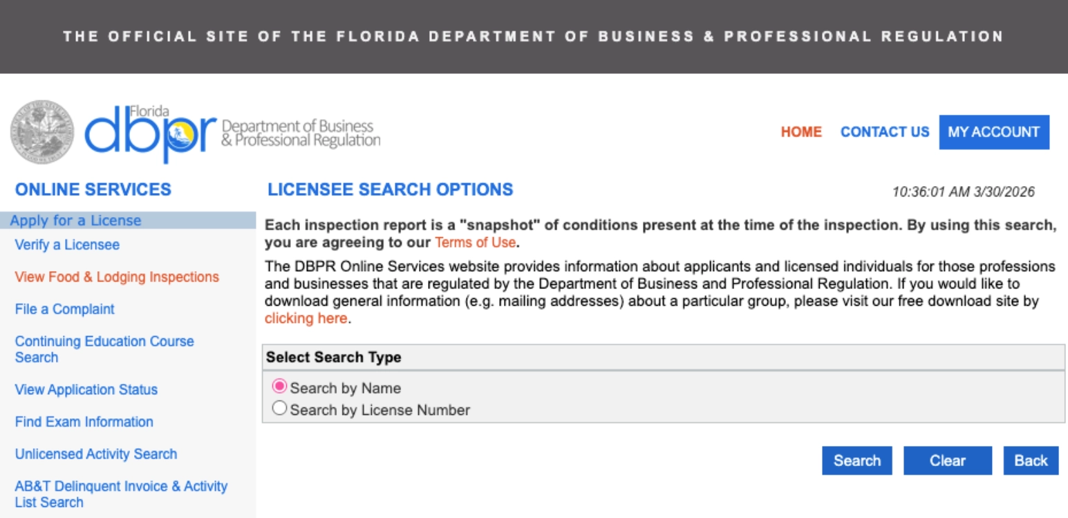 DBPR Florida Restaurant Inspection Search Page for finding food scores and inspection details