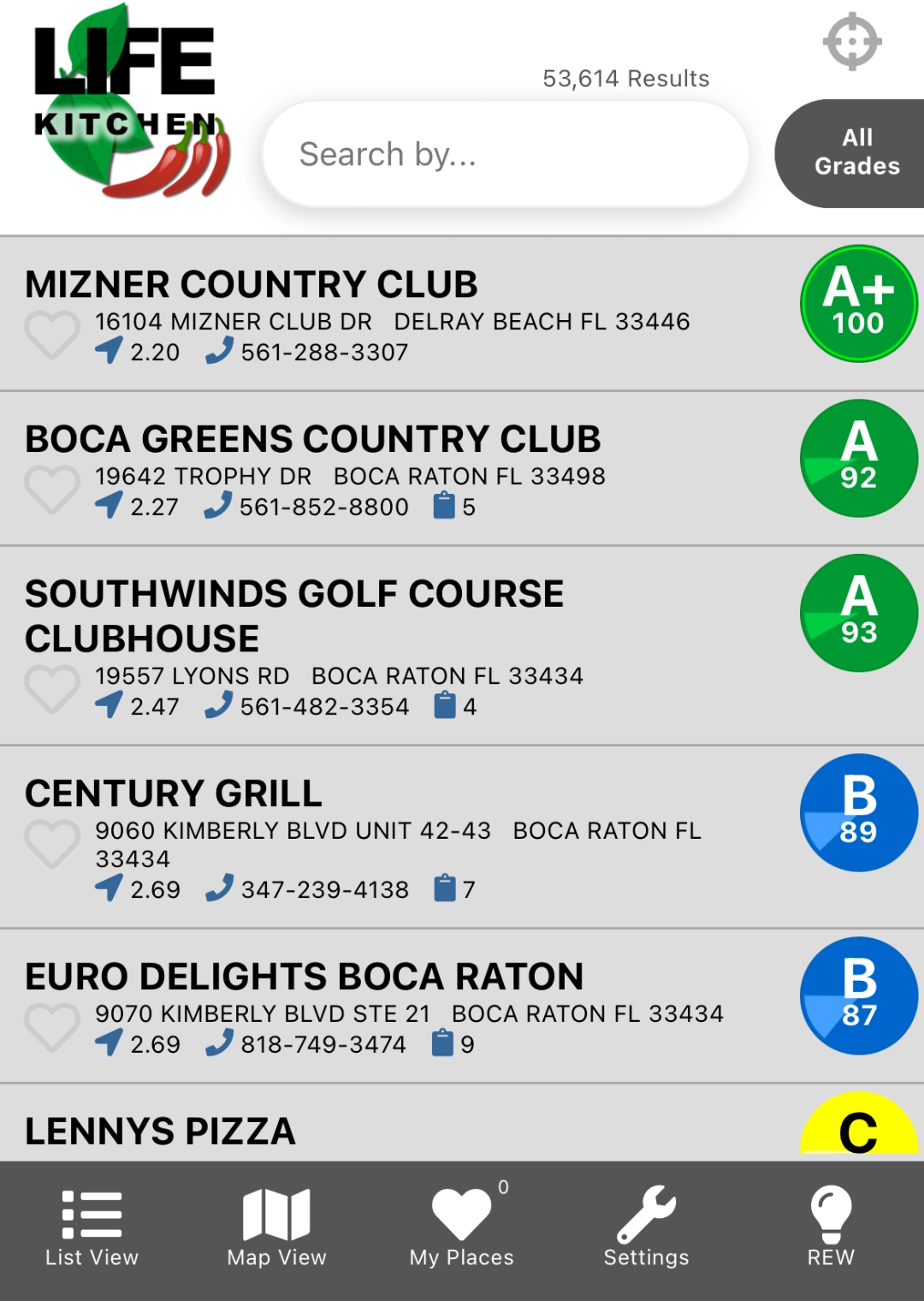 Life Kitchen App List View for checking Restaurant Inspection Reports in Florida