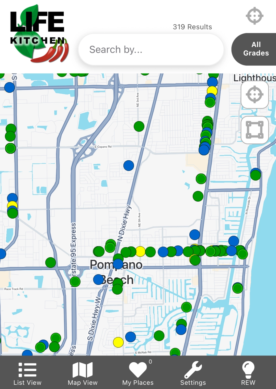 Life Kitchen App Map View for checking Restaurant Inspection Reports in Florida