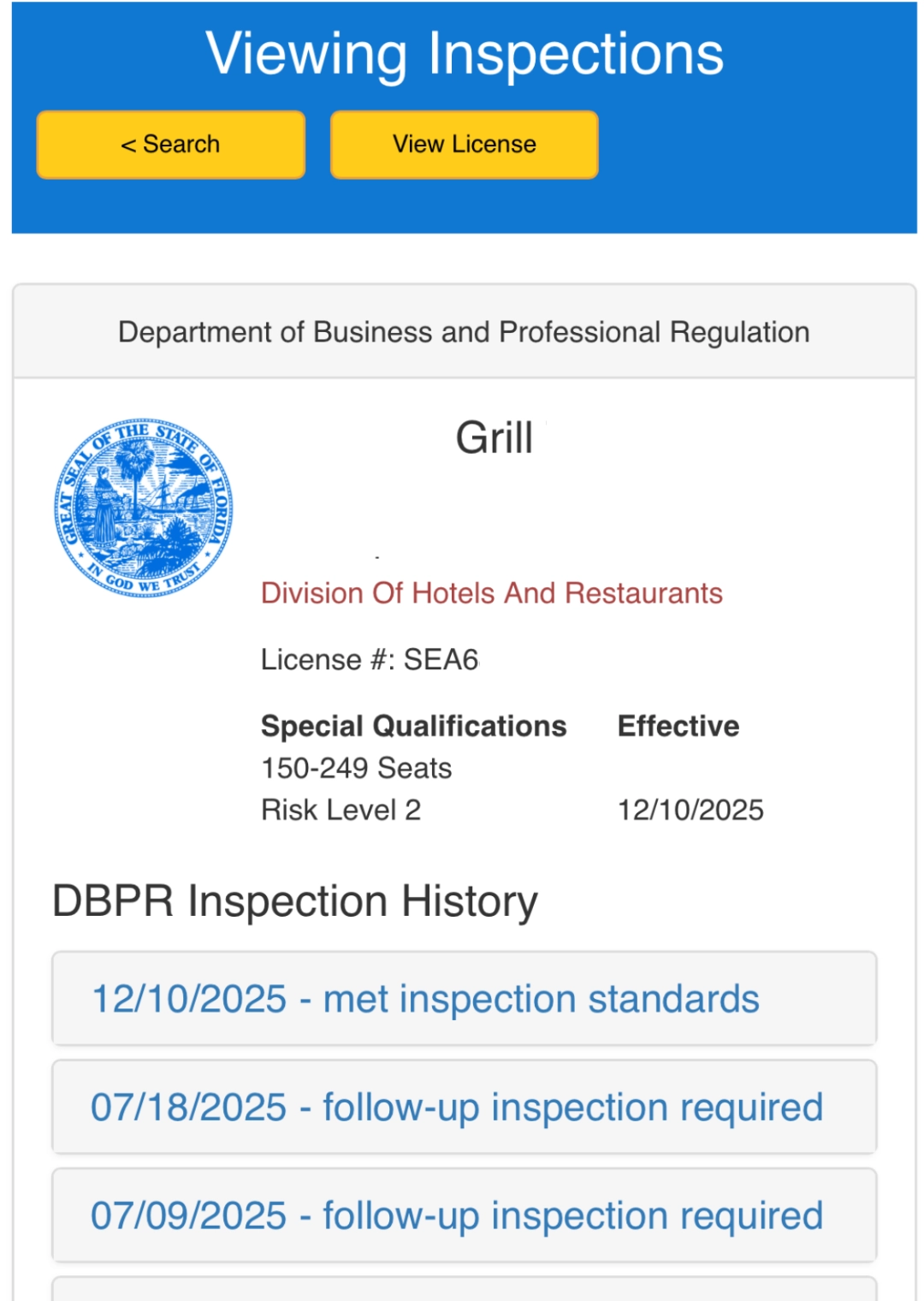 Florida DBPR Viewing Inspections screen about the restaurant and history of inspection reports on the mobile app