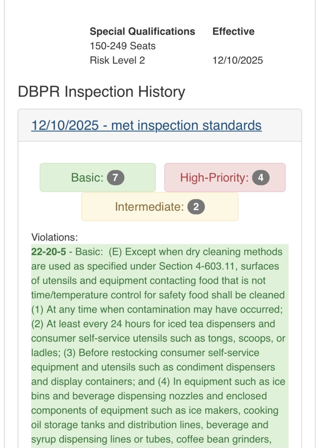 Florida DBPR Violations in restaurant inspection report on the DBPR Mobile App