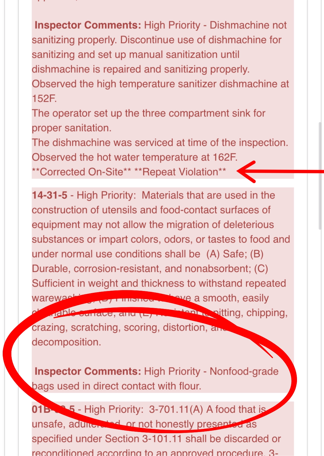 Florida DBPR High Priority Violations on restaurant inspection report on the DBPR Mobile App