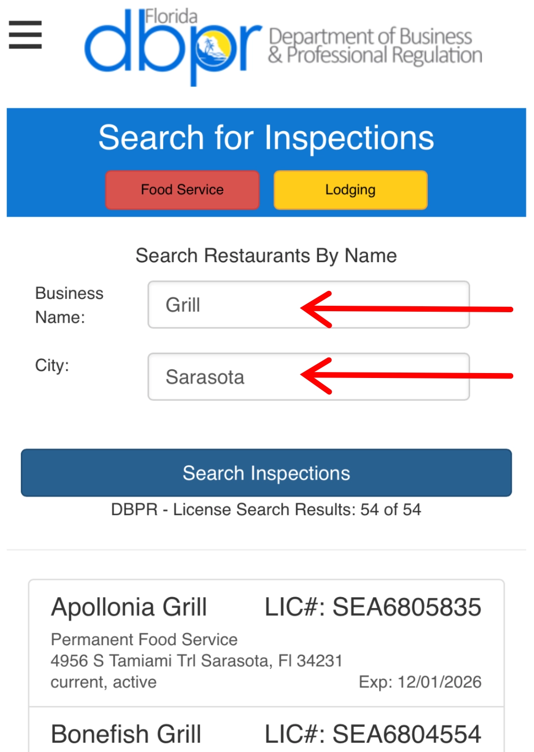 Florida DBPR search screen with 'Business Name' and 'City' filled out, 2 red arrows showing criteria for restaurant inspection reports on the mobile app