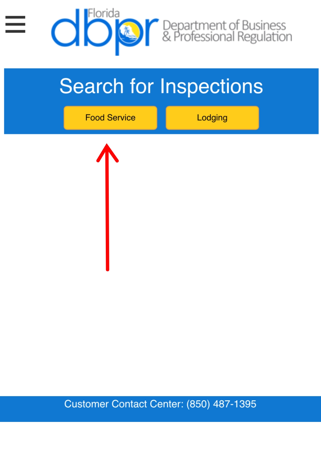 Florida DBPR second screen with 'Food Service' and red arrow up for restaurant inspection reports on the mobile app
