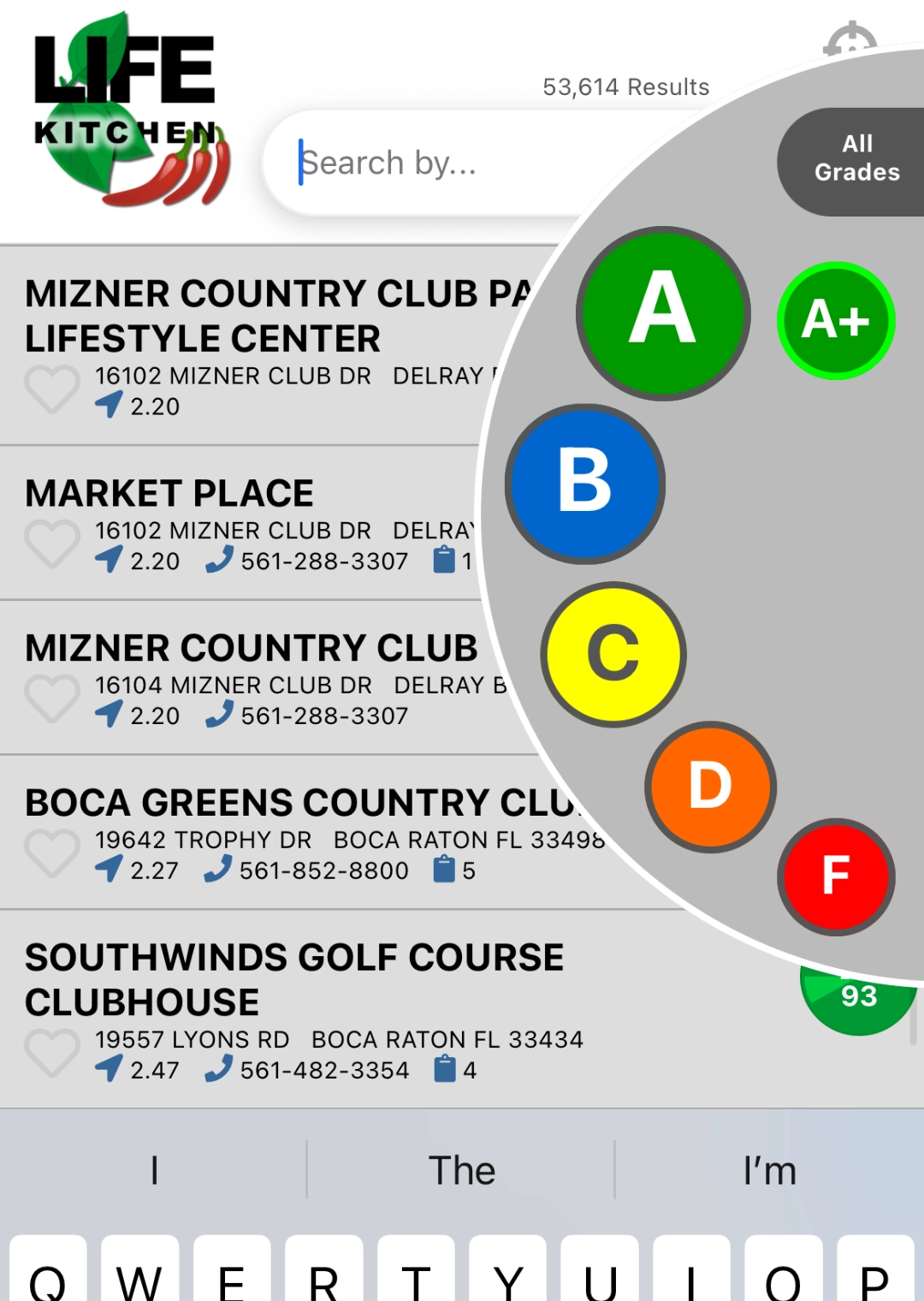 Life Kitchen App List View with Search by letter grade when checking Restaurant Inspection Reports in Florida