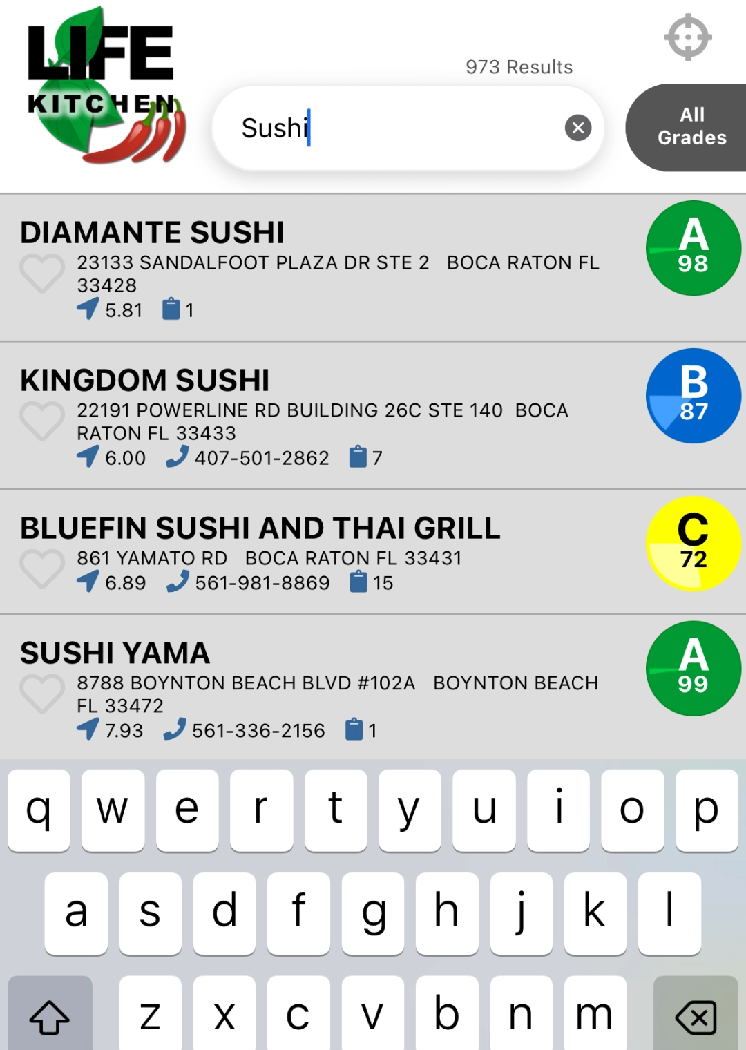 Life Kitchen App List View with Search for 'Sushi' for checking Restaurant Inspection Reports in Florida