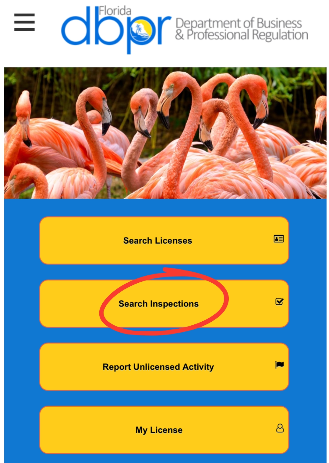 Florida DBPR Home screen with 'Search Inspections' circled to look up restaurant inspection reports on the mobile app