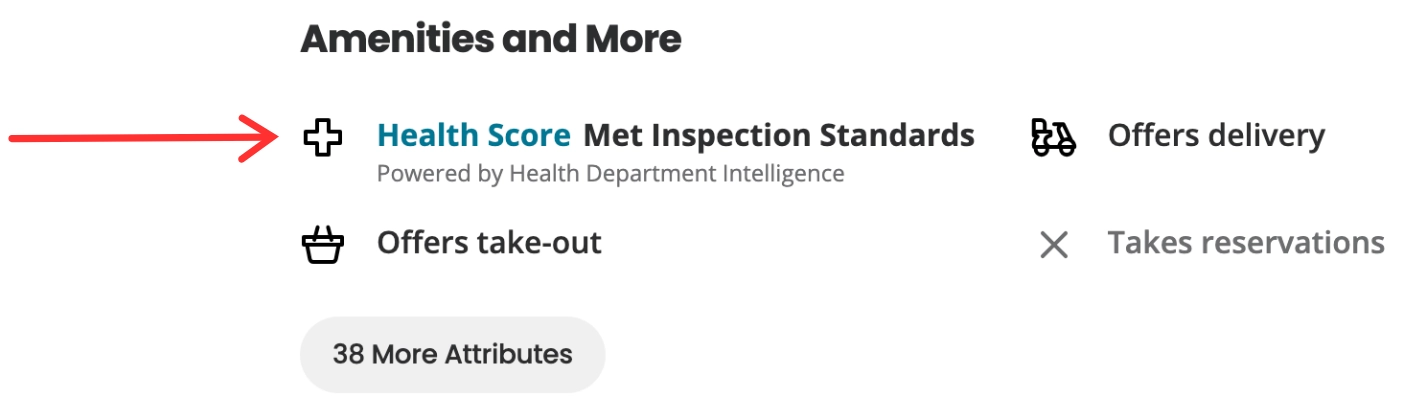 Yelp Health Score section on website with arrow for visual instruction